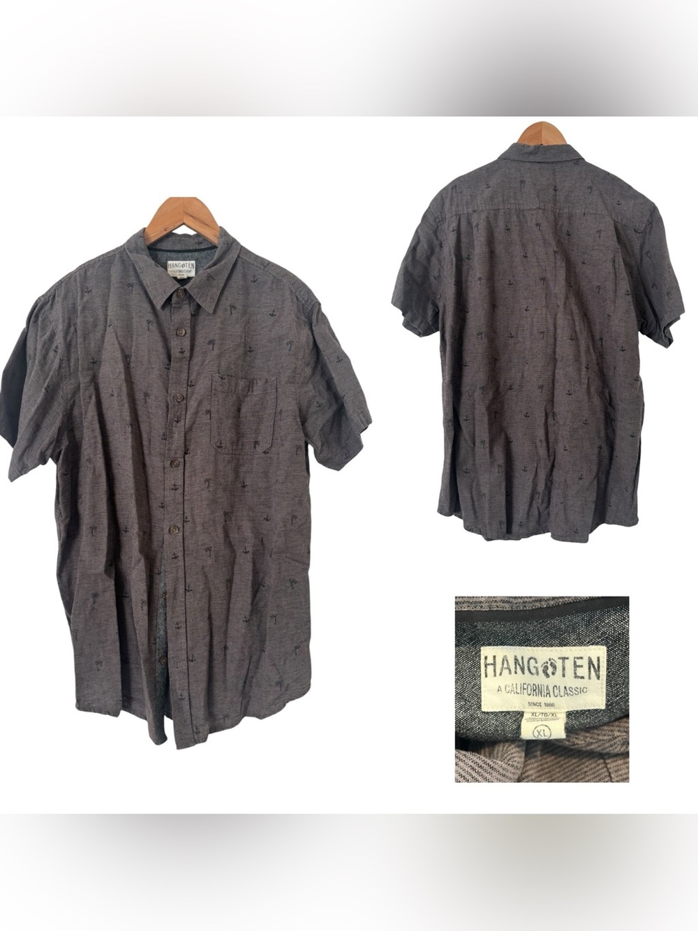 Hang Ten Palm Tree & Anchor Short Sleeve Button Down Shirt - Picture 1 of 4